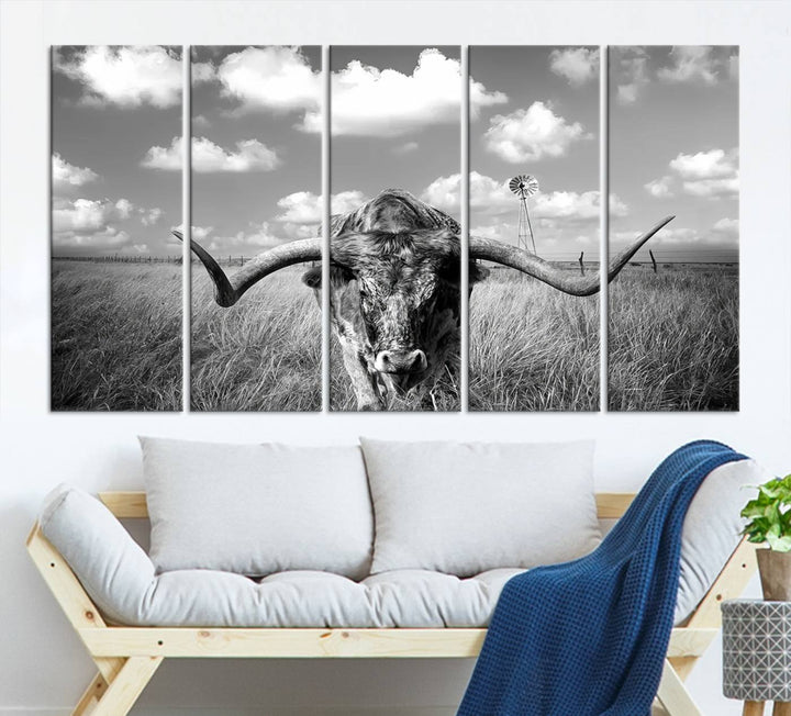 Longhorn Cow Field Wall Art Canvas Print