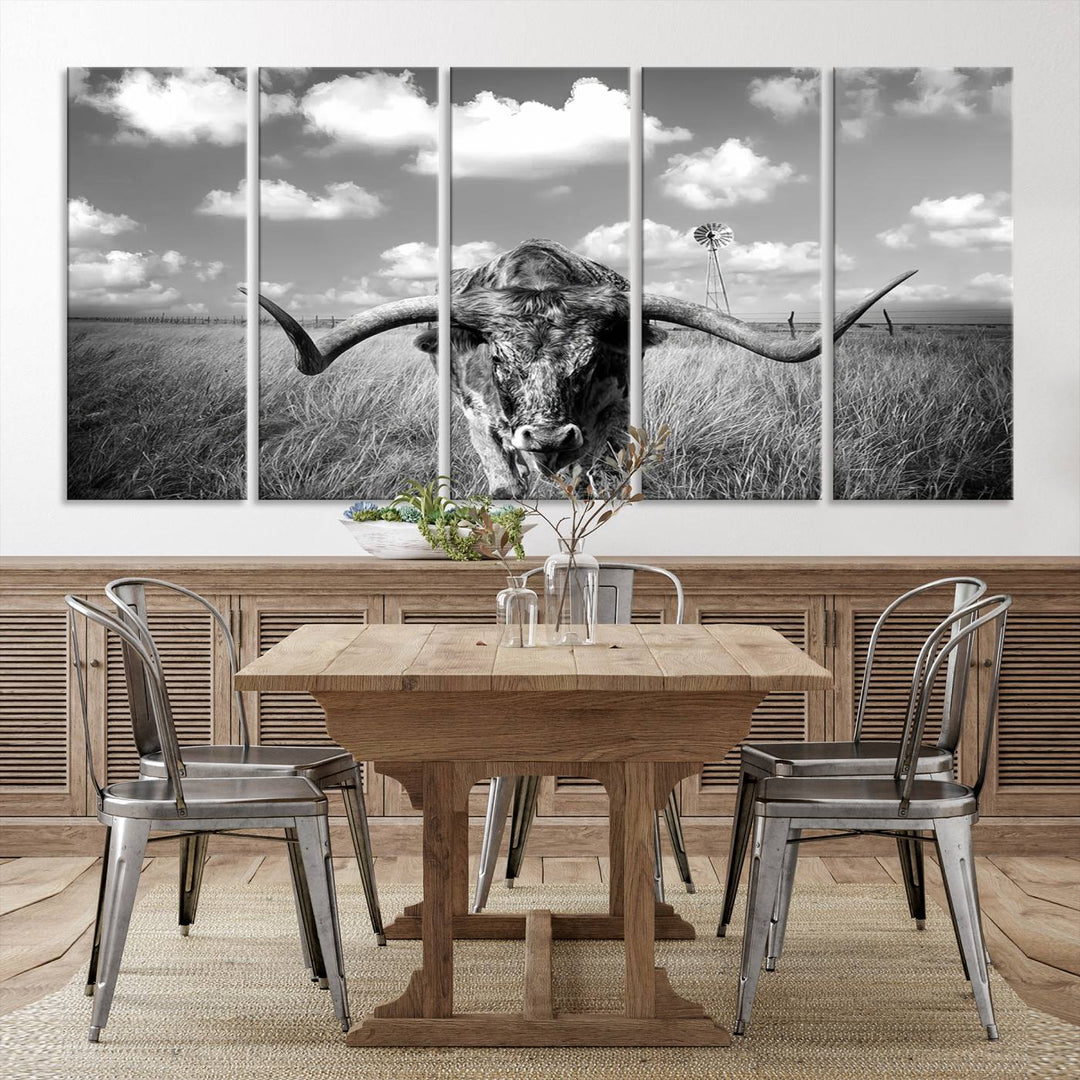 Longhorn Cow Field Wall Art Canvas Print