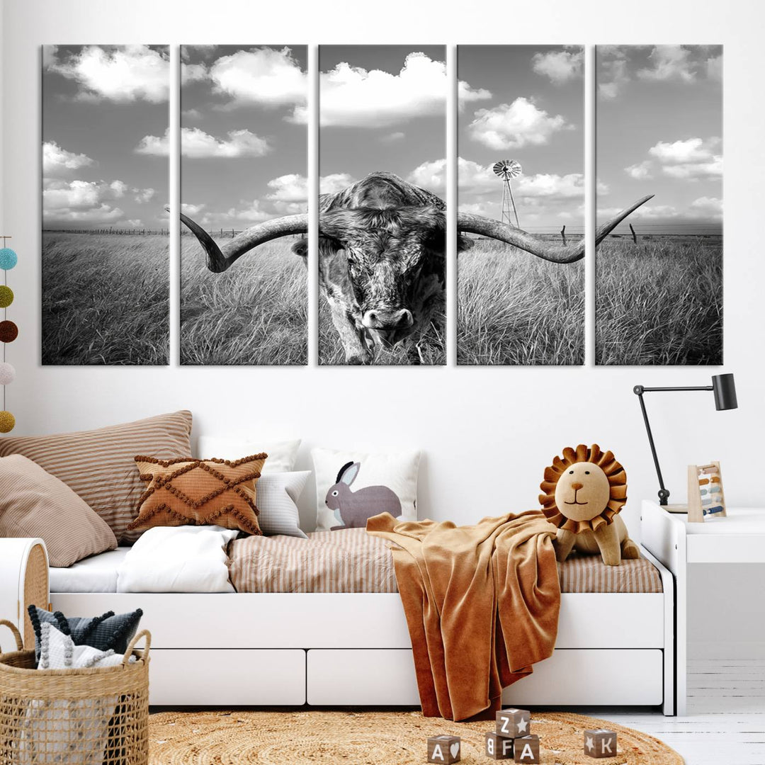 Longhorn Cow Field Wall Art Canvas Print