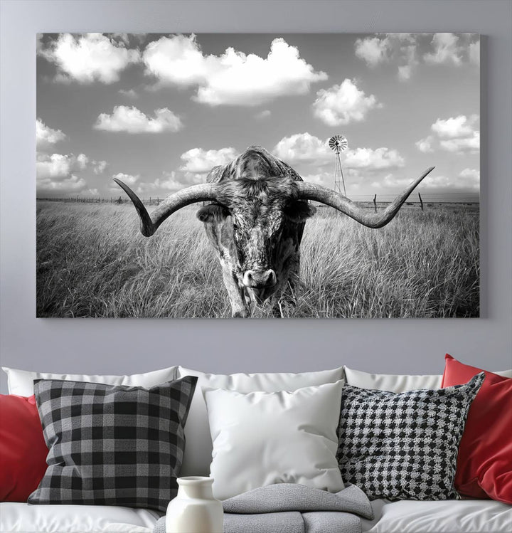 Longhorn Cow Field Wall Art Canvas Print