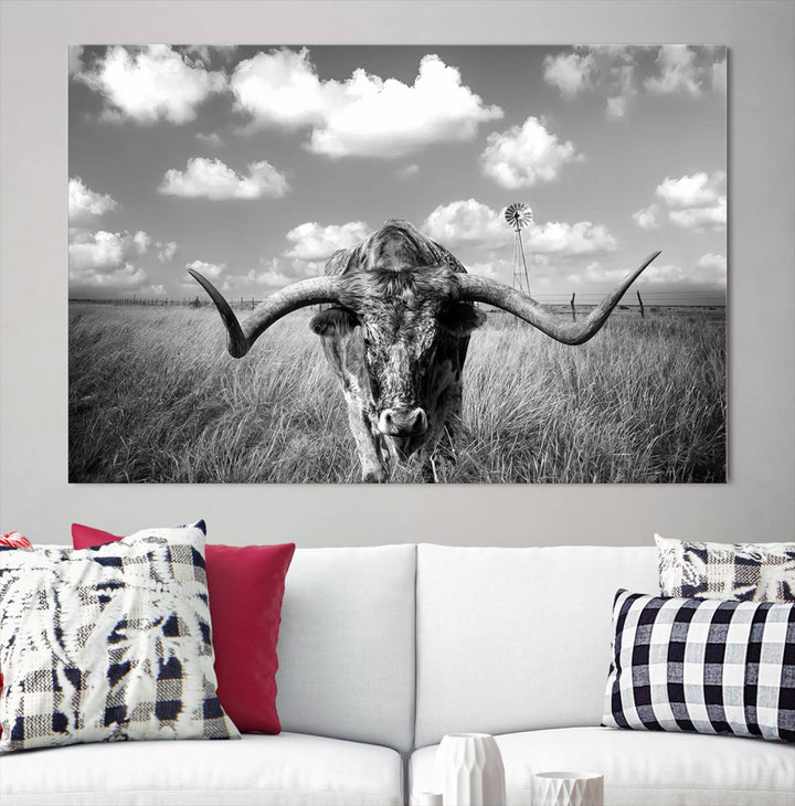 Longhorn Cow Field Wall Art Canvas Print