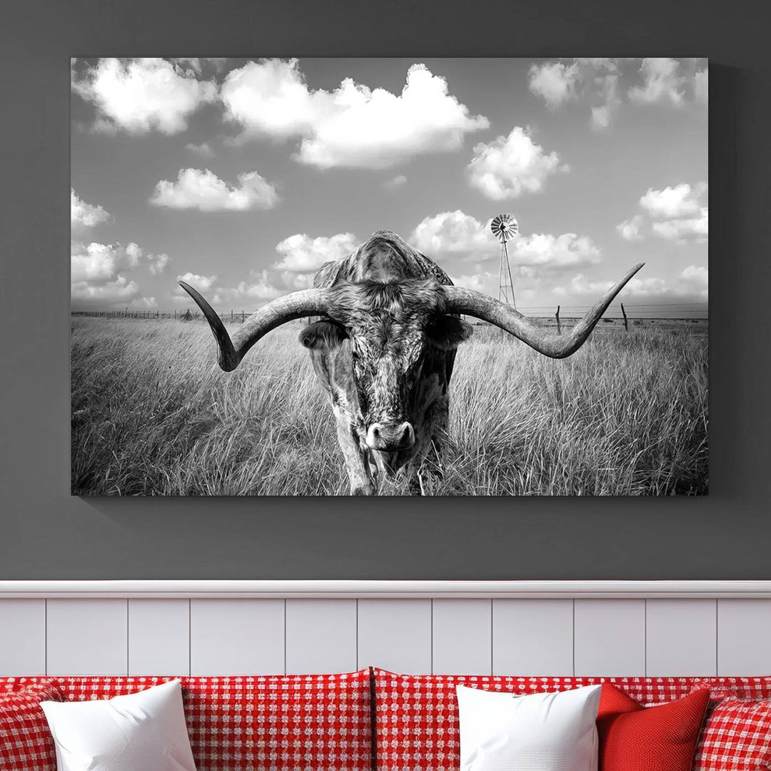 Longhorn Cow Field Wall Art Canvas Print