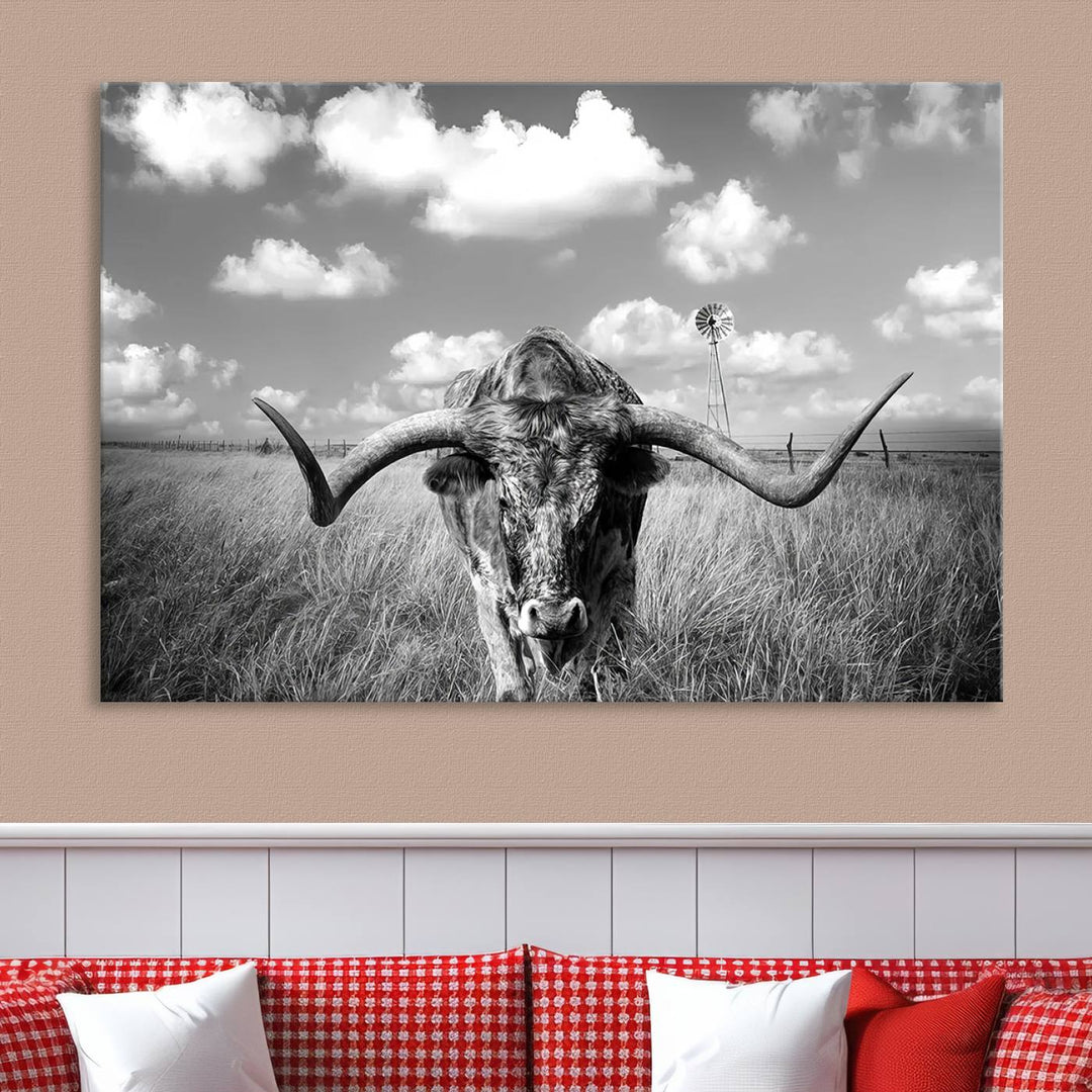 Longhorn Cow Field Wall Art Canvas Print