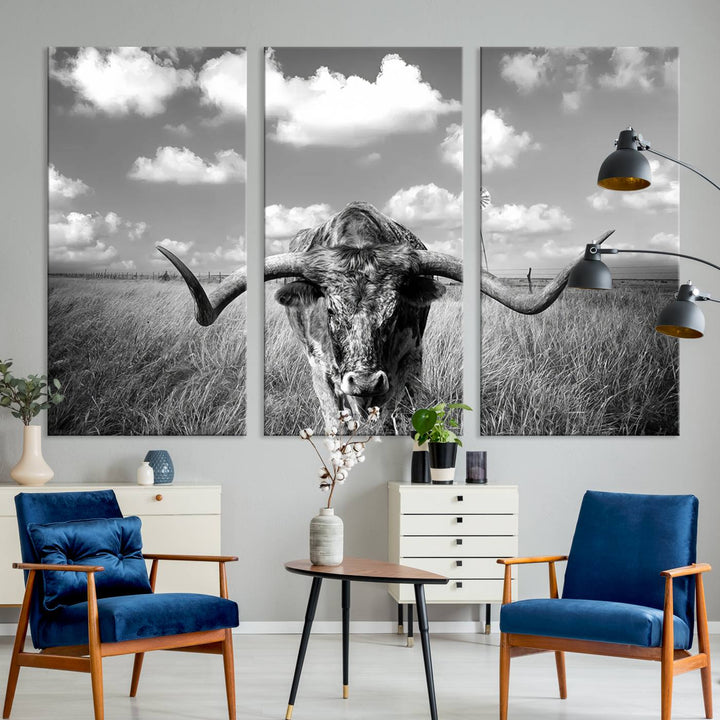 Longhorn Cow Field Wall Art Canvas Print