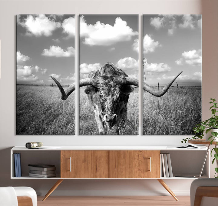 Longhorn Cow Field Wall Art Canvas Print