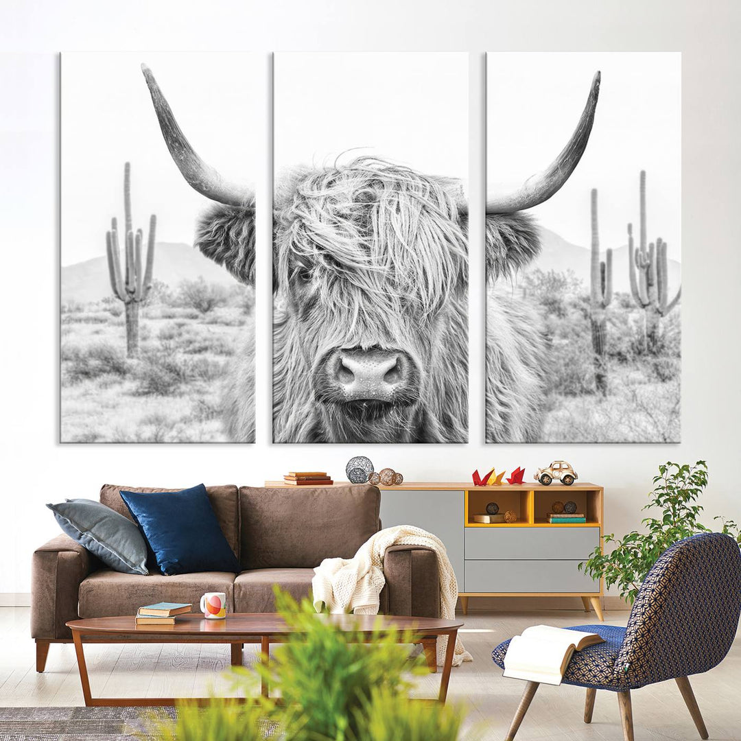 Longhorn Cow Wall Art Large Canvas Print Landscape Animal Framed Art Set of 3