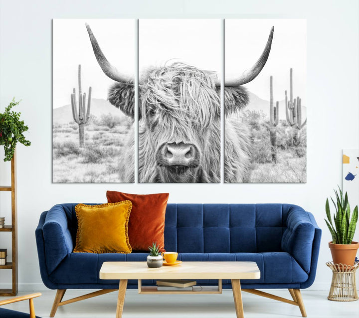 Longhorn Cow Wall Art Large Canvas Print Landscape Animal Framed Art Set of 3