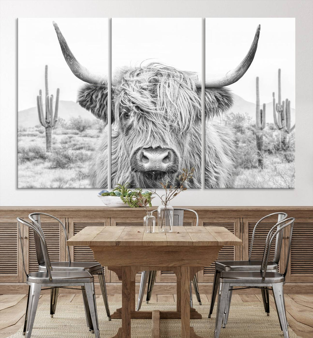 Longhorn Cow Wall Art Large Canvas Print Landscape Animal Framed Art Set of 3