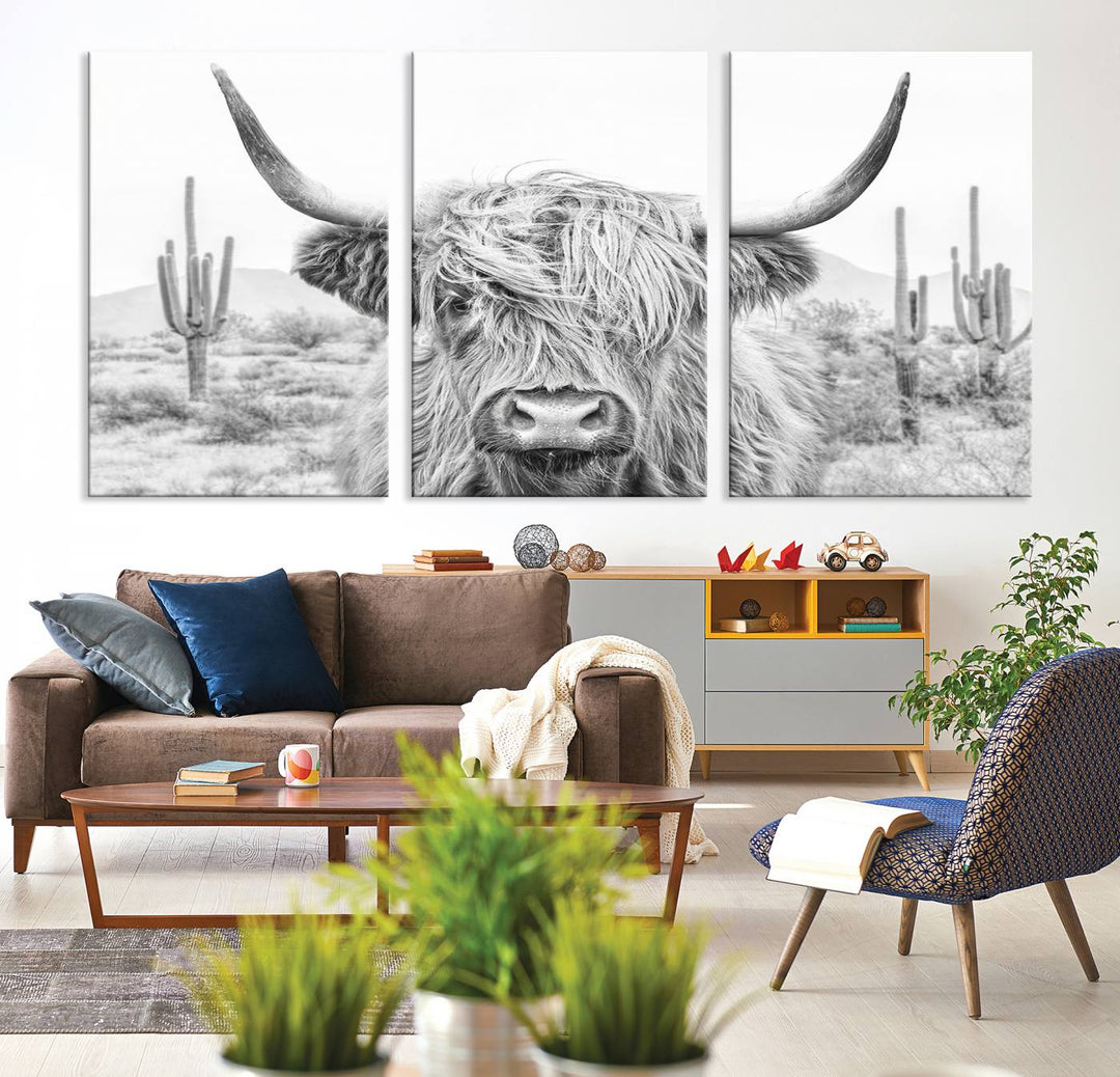 Longhorn Cow Wall Art Large Canvas Print Landscape Animal Framed Art Set of 3