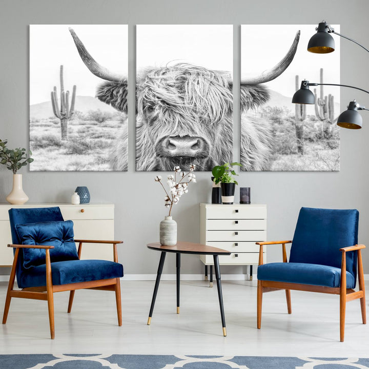 Longhorn Cow Wall Art Large Canvas Print Landscape Animal Framed Art Set of 3