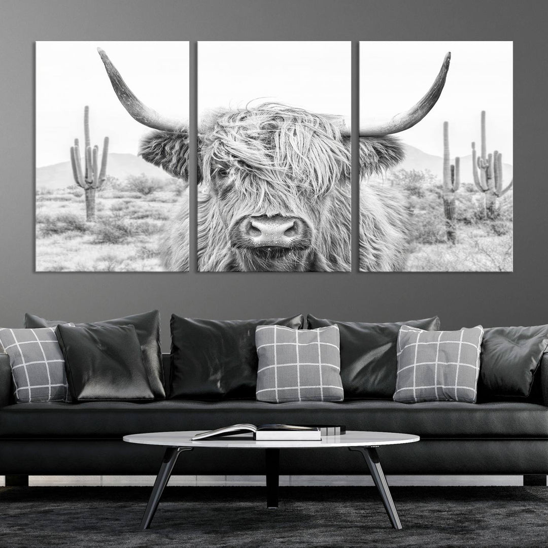 Longhorn Cow Wall Art Large Canvas Print Landscape Animal Framed Art Set of 3