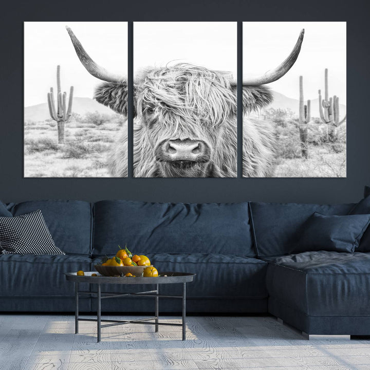 Longhorn Cow Wall Art Large Canvas Print Landscape Animal Framed Art Set of 3