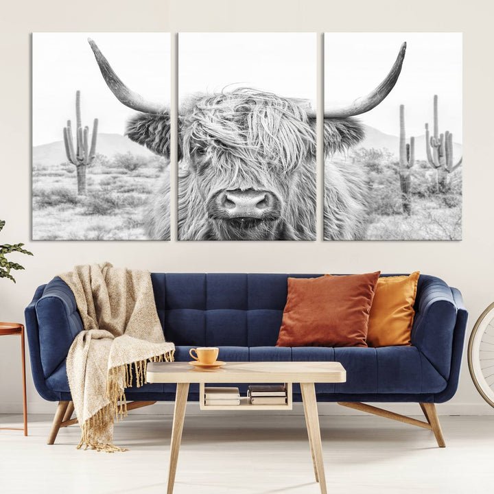 Longhorn Cow Wall Art Large Canvas Print Landscape Animal Framed Art Set of 3