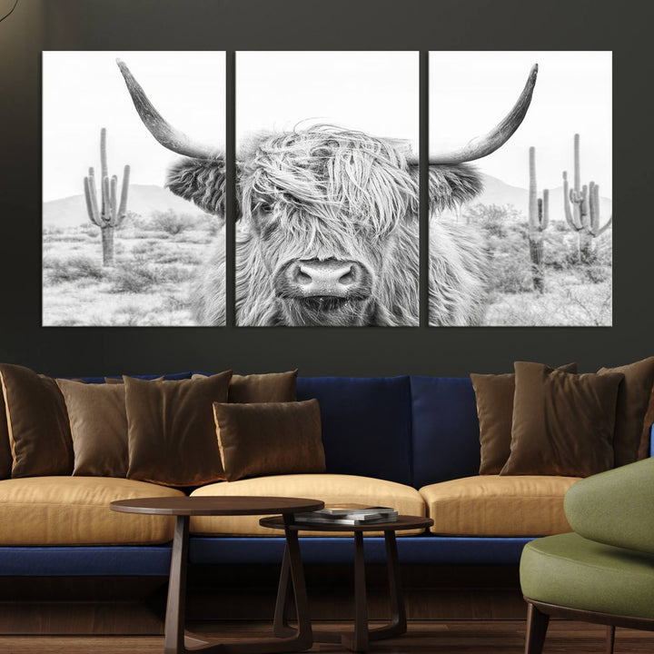 Longhorn Cow Wall Art Large Canvas Print Landscape Animal Framed Art Set of 3