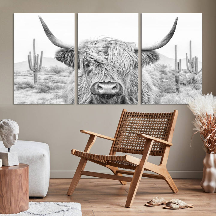 Longhorn Cow Wall Art Large Canvas Print Landscape Animal Framed Art Set of 3