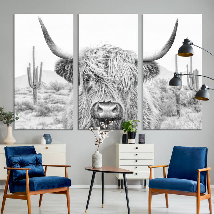 Longhorn Cow Wall Art Large Canvas Print Landscape Animal Framed Art Set of 3