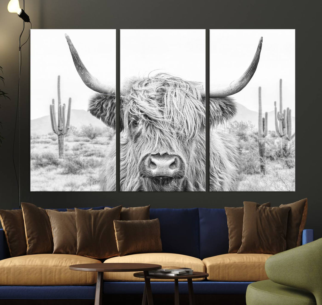 Longhorn Cow Wall Art Large Canvas Print Landscape Animal Framed Art Set of 3