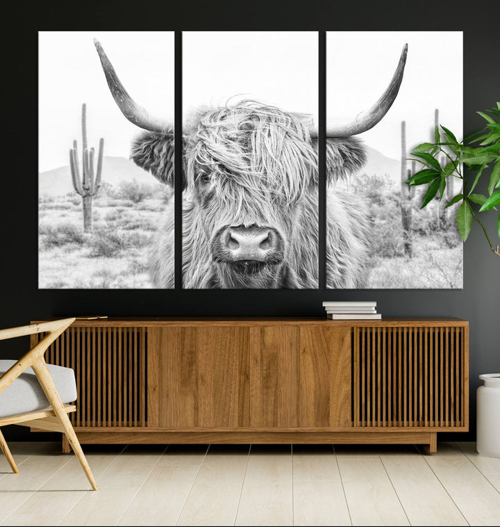 Longhorn Cow Wall Art Large Canvas Print Landscape Animal Framed Art Set of 3