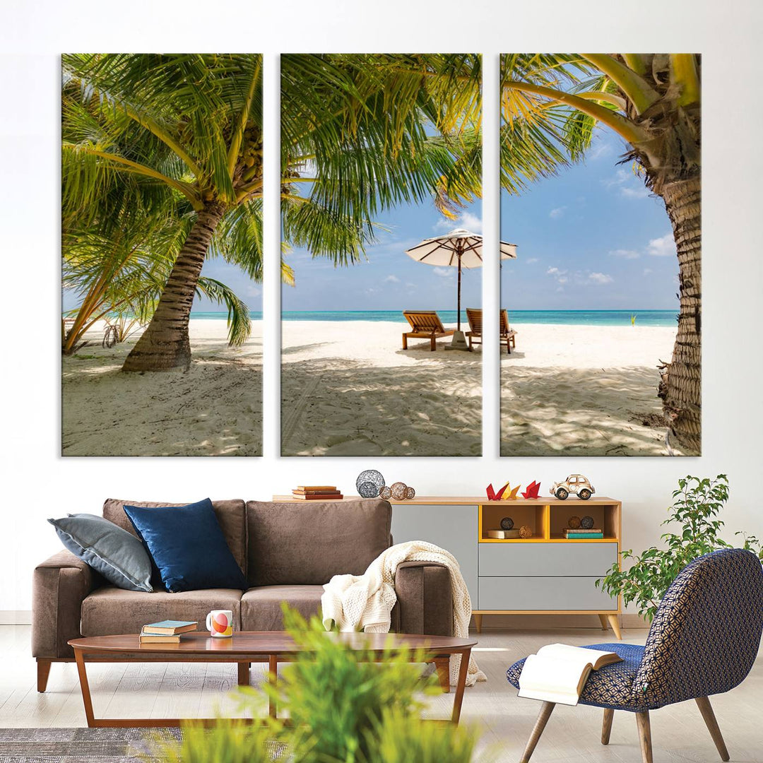 Lounge Chairs Palm Trees on Tropical Beach Canvas Wall Art Print Extra Large Beach Ocean Landscape Canvas Art