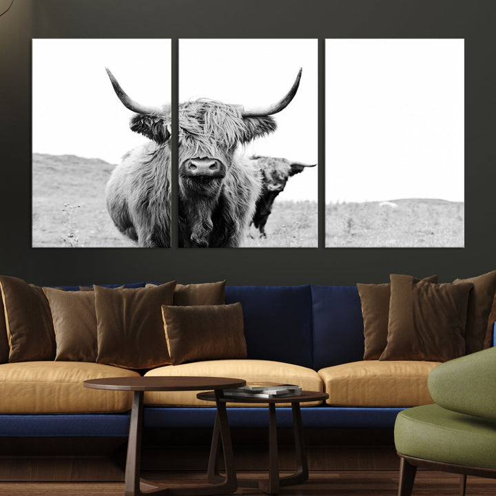 Lovely Highland Cattle Wall Art Canvas Print Black and White Animal Art Print