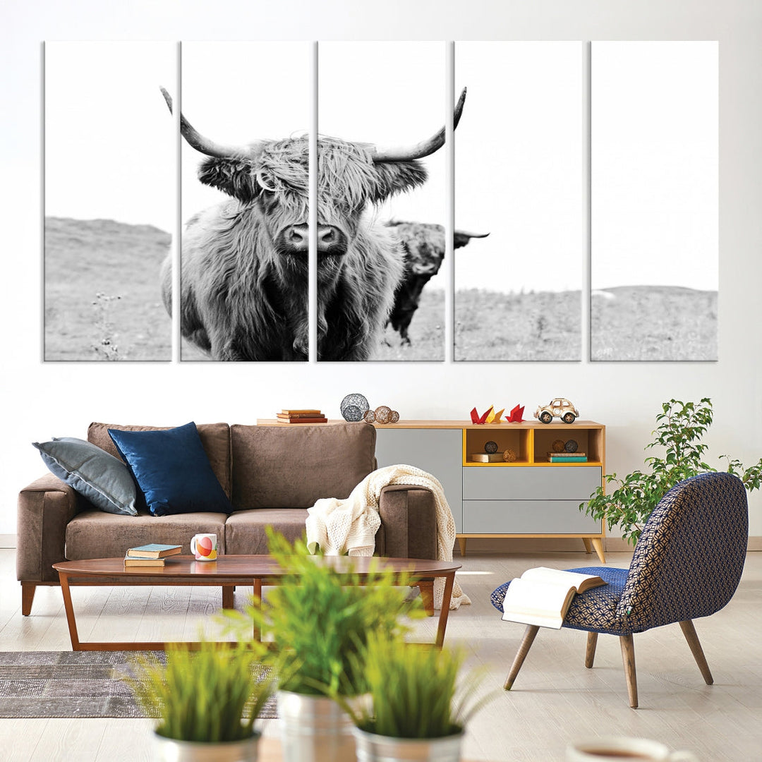 Lovely Highland Cattle Wall Art Canvas Print Black and White Animal Art Print