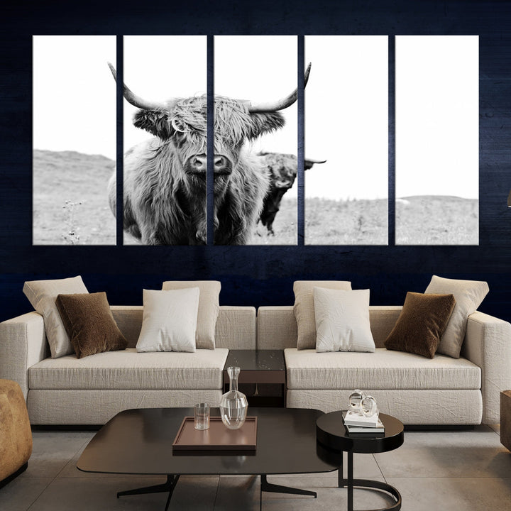 Lovely Highland Cattle Wall Art Canvas Print Black and White Animal Art Print