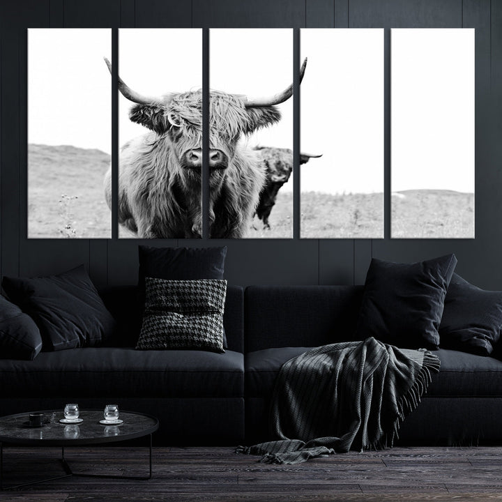 Lovely Highland Cattle Wall Art Canvas Print Black and White Animal Art Print