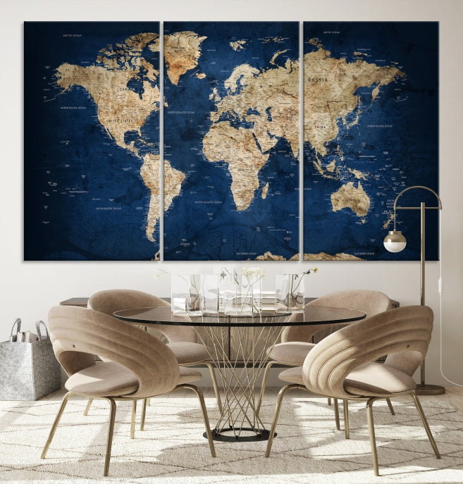 Make a Bold Statement with Our Large, Detailed Modern Blue Style World Map Canvas Print Wall ArtA Unique Decor Piece