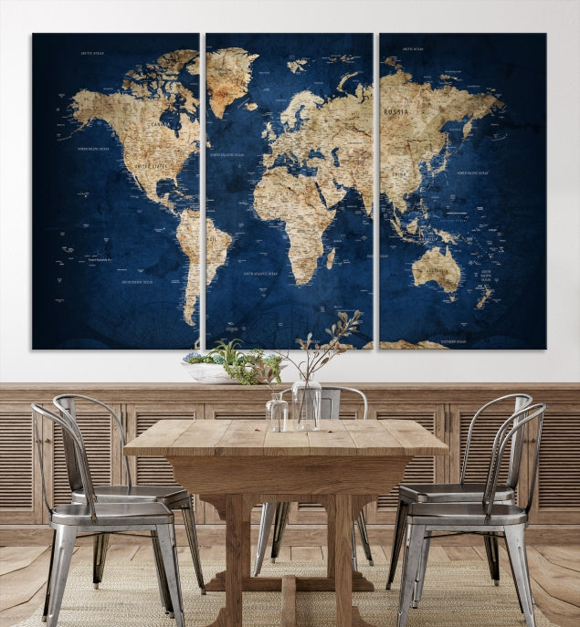 Make a Bold Statement with Our Large, Detailed Modern Blue Style World Map Canvas Print Wall ArtA Unique Decor Piece