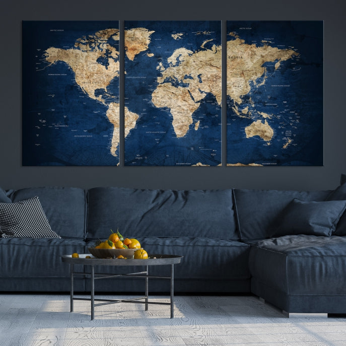 Make a Bold Statement with Our Large, Detailed Modern Blue Style World Map Canvas Print Wall ArtA Unique Decor Piece