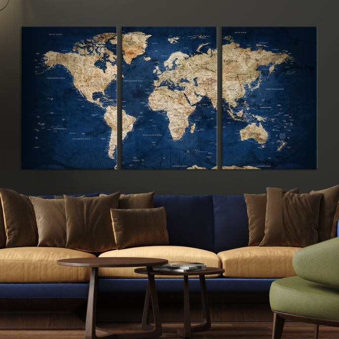 Make a Bold Statement with Our Large, Detailed Modern Blue Style World Map Canvas Print Wall ArtA Unique Decor Piece