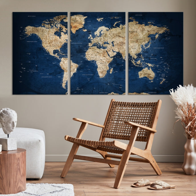 Make a Bold Statement with Our Large, Detailed Modern Blue Style World Map Canvas Print Wall ArtA Unique Decor Piece