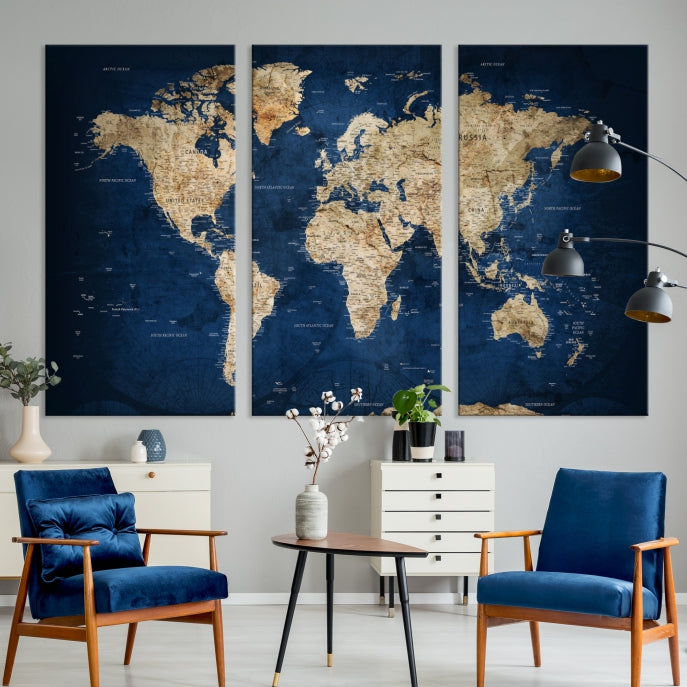 Make a Bold Statement with Our Large, Detailed Modern Blue Style World Map Canvas Print Wall ArtA Unique Decor Piece