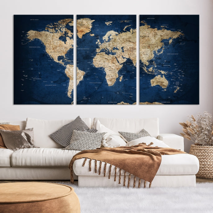 Make a Bold Statement with Our Large, Detailed Modern Blue Style World Map Canvas Print Wall ArtA Unique Decor Piece