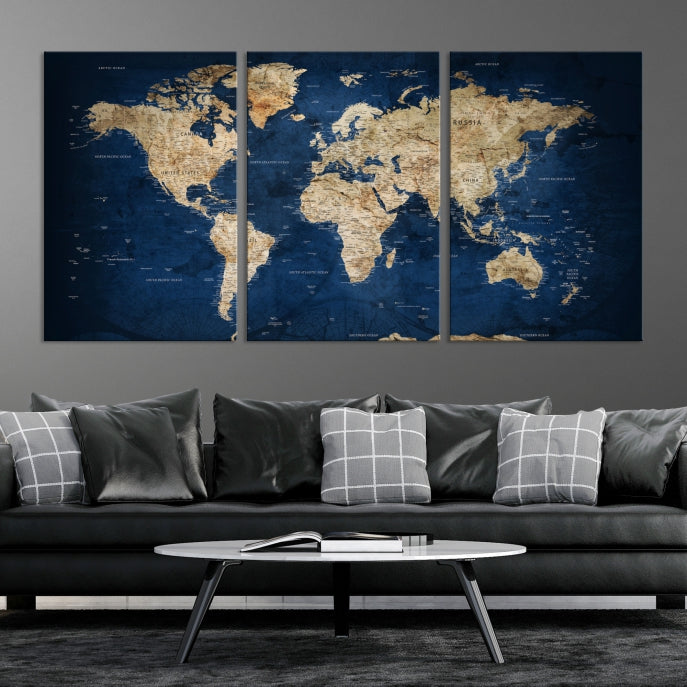 Make a Bold Statement with Our Large, Detailed Modern Blue Style World Map Canvas Print Wall ArtA Unique Decor Piece