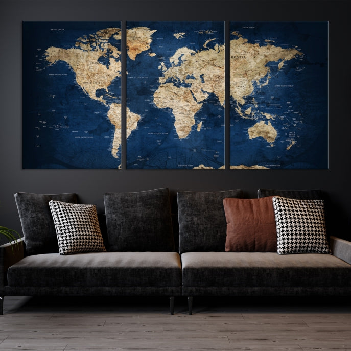 Make a Bold Statement with Our Large, Detailed Modern Blue Style World Map Canvas Print Wall ArtA Unique Decor Piece