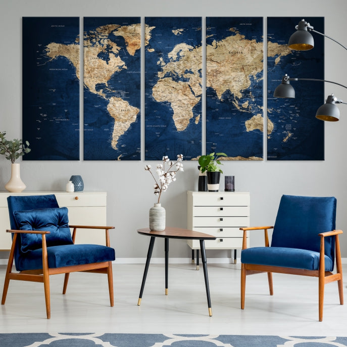 Make a Bold Statement with Our Large, Detailed Modern Blue Style World Map Canvas Print Wall ArtA Unique Decor Piece