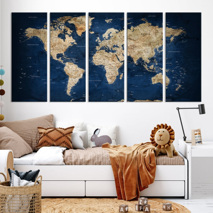 Make a Bold Statement with Our Large, Detailed Modern Blue Style World Map Canvas Print Wall ArtA Unique Decor Piece