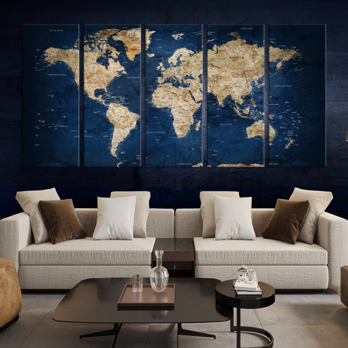 Make a Bold Statement with Our Large, Detailed Modern Blue Style World Map Canvas Print Wall ArtA Unique Decor Piece