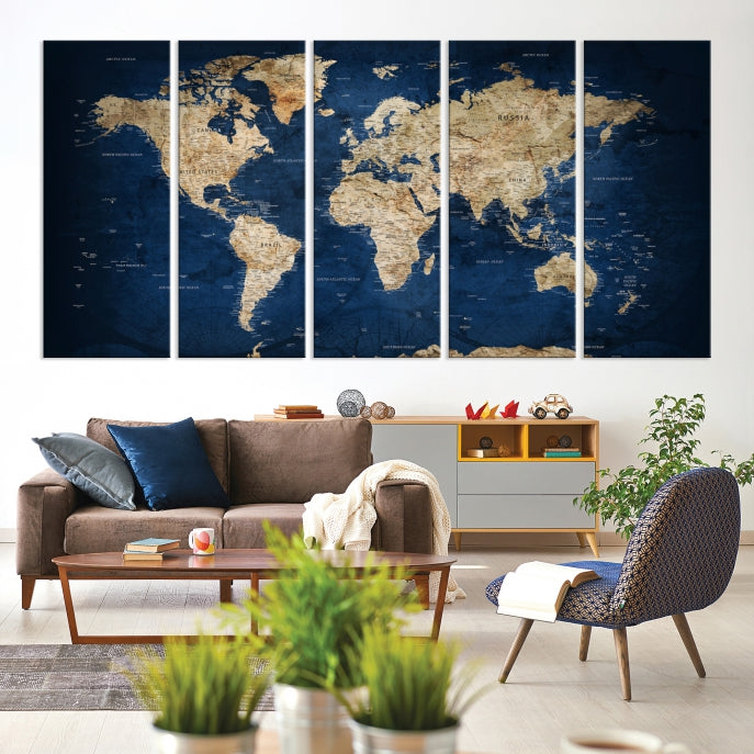 Make a Bold Statement with Our Large, Detailed Modern Blue Style World Map Canvas Print Wall ArtA Unique Decor Piece