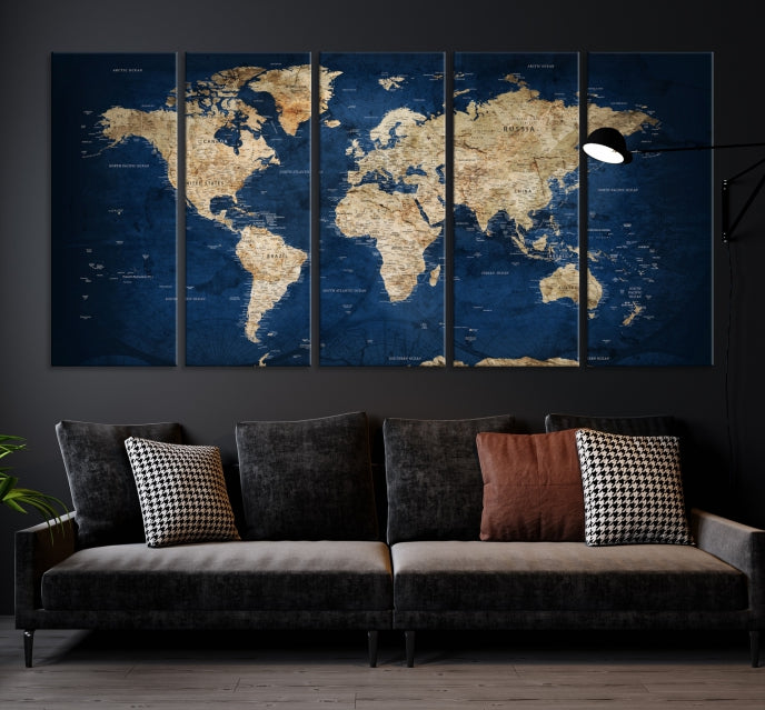 Make a Bold Statement with Our Large, Detailed Modern Blue Style World Map Canvas Print Wall ArtA Unique Decor Piece