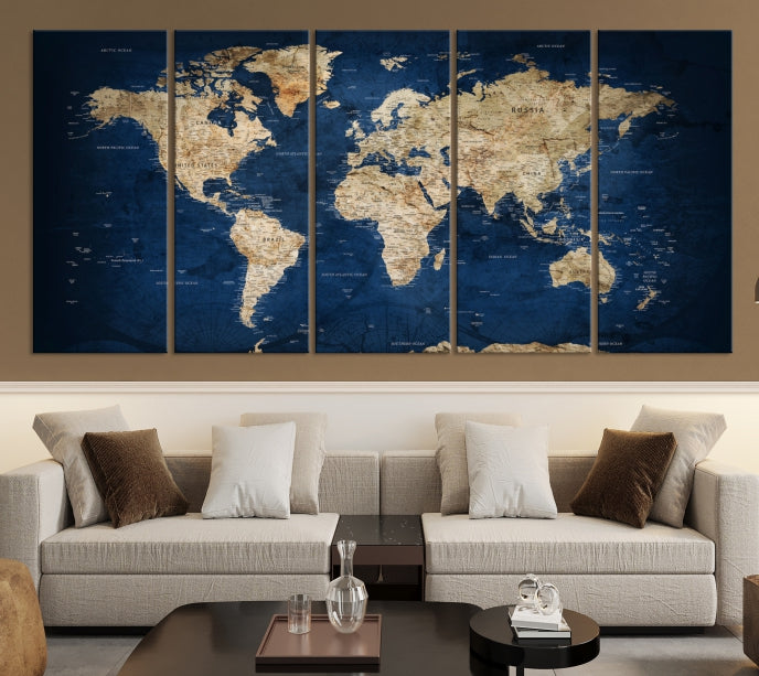 Make a Bold Statement with Our Large, Detailed Modern Blue Style World Map Canvas Print Wall ArtA Unique Decor Piece