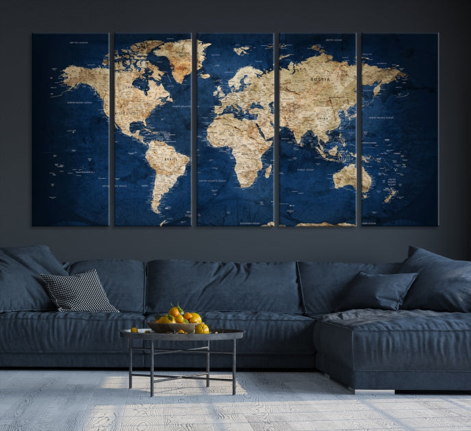 Make a Bold Statement with Our Large, Detailed Modern Blue Style World Map Canvas Print Wall ArtA Unique Decor Piece