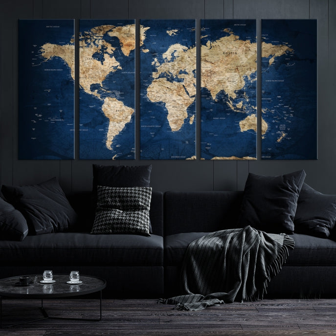 Make a Bold Statement with Our Large, Detailed Modern Blue Style World Map Canvas Print Wall ArtA Unique Decor Piece