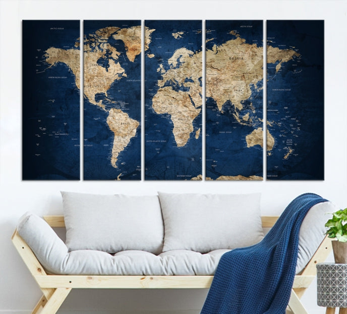 Make a Bold Statement with Our Large, Detailed Modern Blue Style World Map Canvas Print Wall ArtA Unique Decor Piece