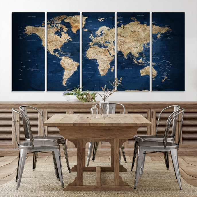 Make a Bold Statement with Our Large, Detailed Modern Blue Style World Map Canvas Print Wall ArtA Unique Decor Piece