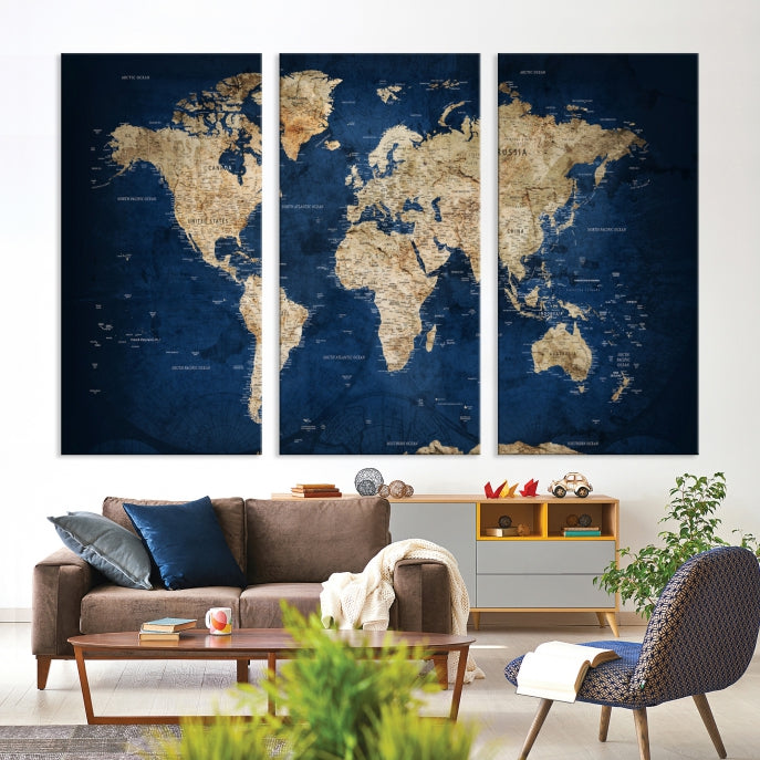 Make a Bold Statement with Our Large, Detailed Modern Blue Style World Map Canvas Print Wall ArtA Unique Decor Piece