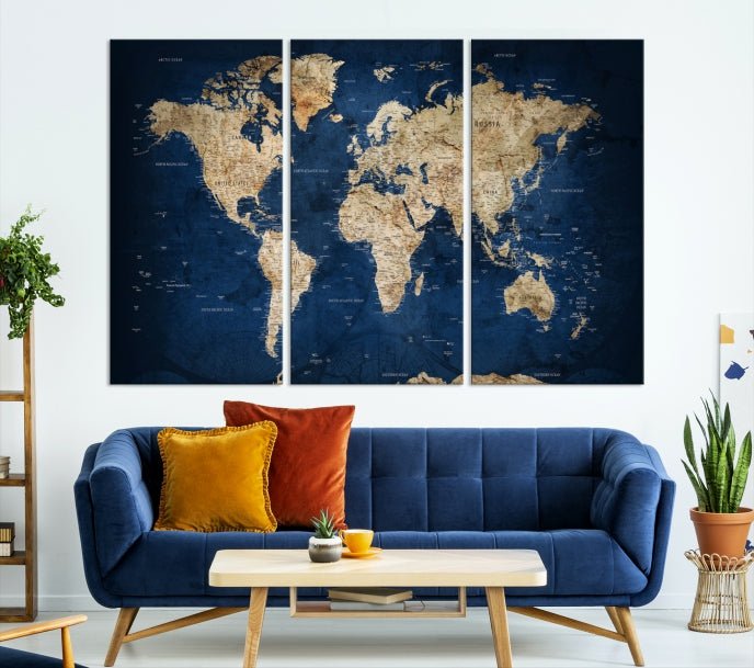 Make a Bold Statement with Our Large, Detailed Modern Blue Style World Map Canvas Print Wall ArtA Unique Decor Piece