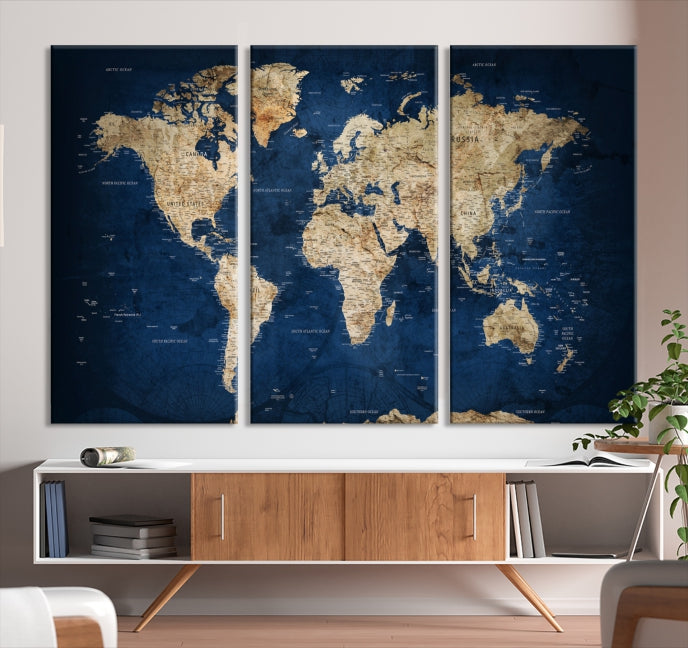 Make a Bold Statement with Our Large, Detailed Modern Blue Style World Map Canvas Print Wall ArtA Unique Decor Piece