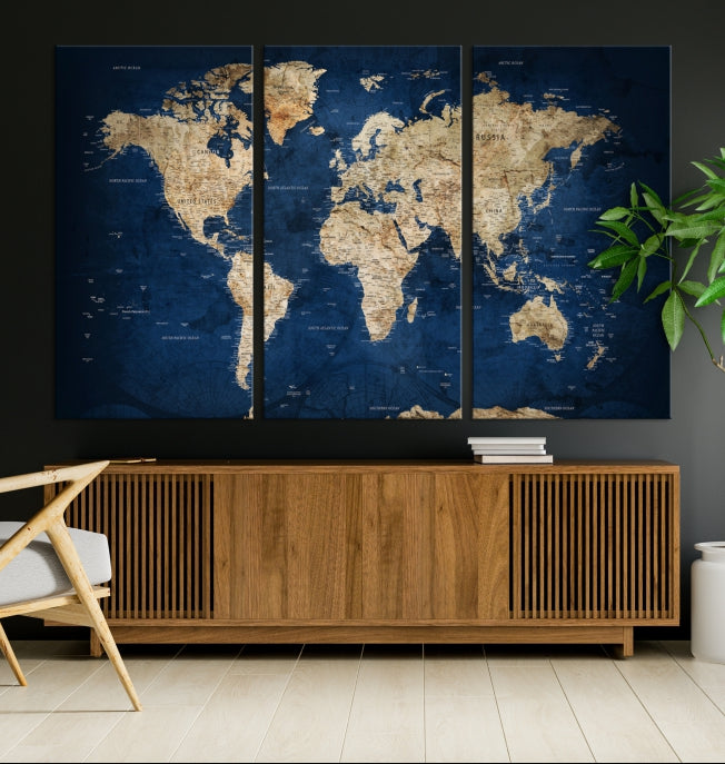 Make a Bold Statement with Our Large, Detailed Modern Blue Style World Map Canvas Print Wall ArtA Unique Decor Piece